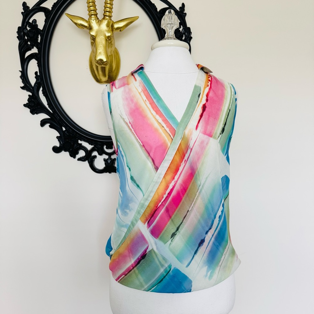 Black Swan Multicolor Watercolors Women's Wrap Sleeveless Blouse Top